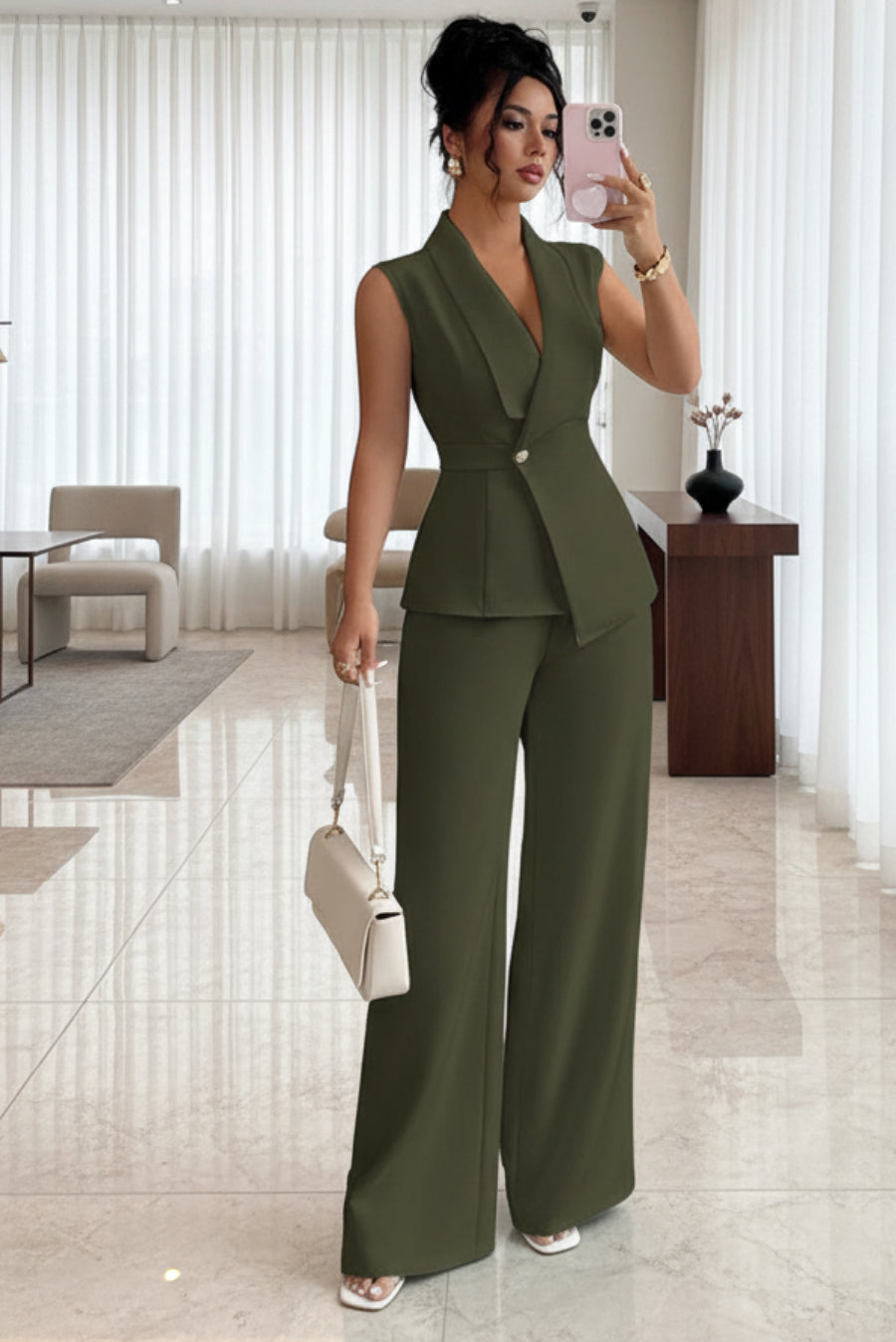 Women's Peplum Sleeveless Blazer & Wide-Leg Pants Two-Piece Set