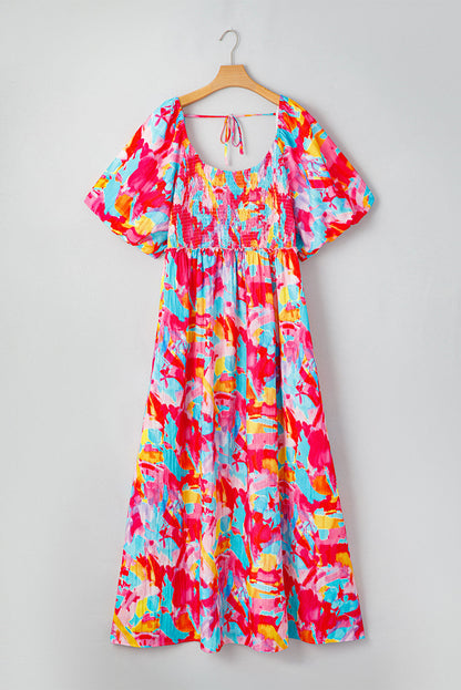 Rose Abstract Printed Puff Sleeve Square Neck Smocked Bust Tied Back Plus Size Dress
