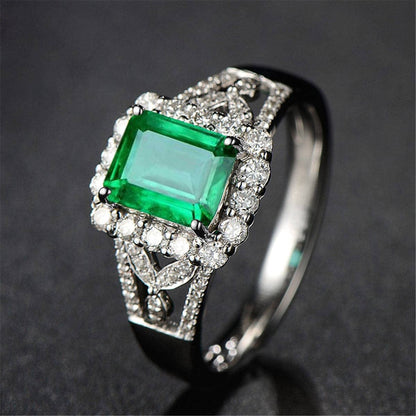 Green Crystal & Silvertone Halo Radiant-Cut Adjustable Ring