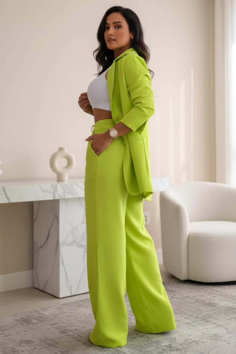 Women's Longline Open-Front Blazer & High-Waist Wide-Leg Trousers Suit Set – 8 Colors
