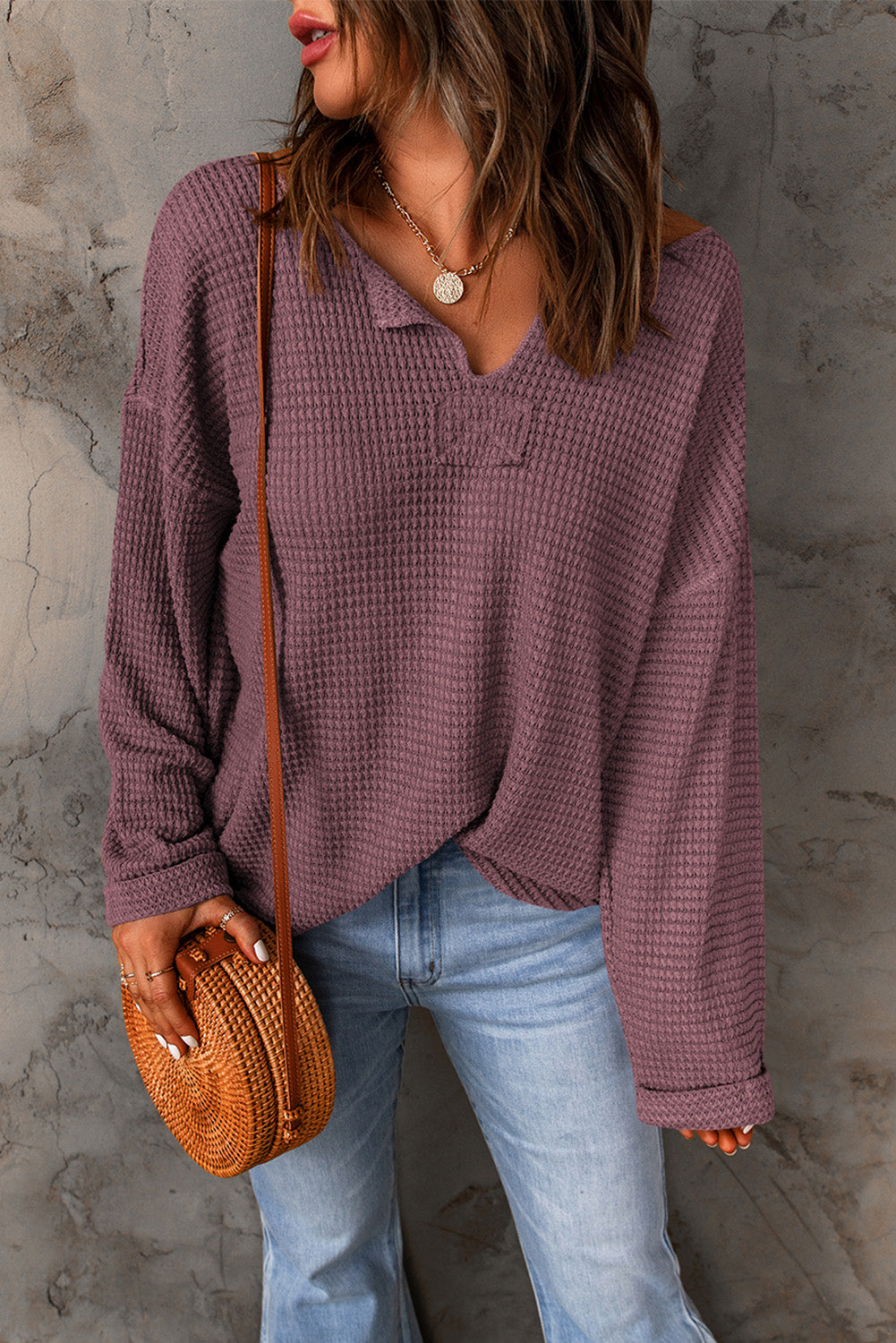 Threaded Pear Evelyn Waffle Knit Loose Long Sleeve Top