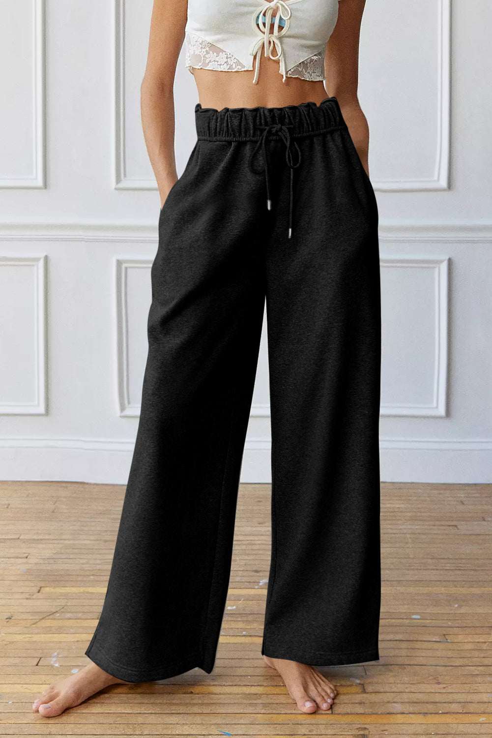 Greta Elastic High Waist Drawstring Sweatpants - Black / S - 4/6