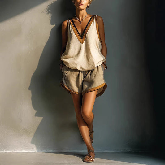 Women's Color-Block V-Neck Sleeveless Top & Shorts Two-Piece Set