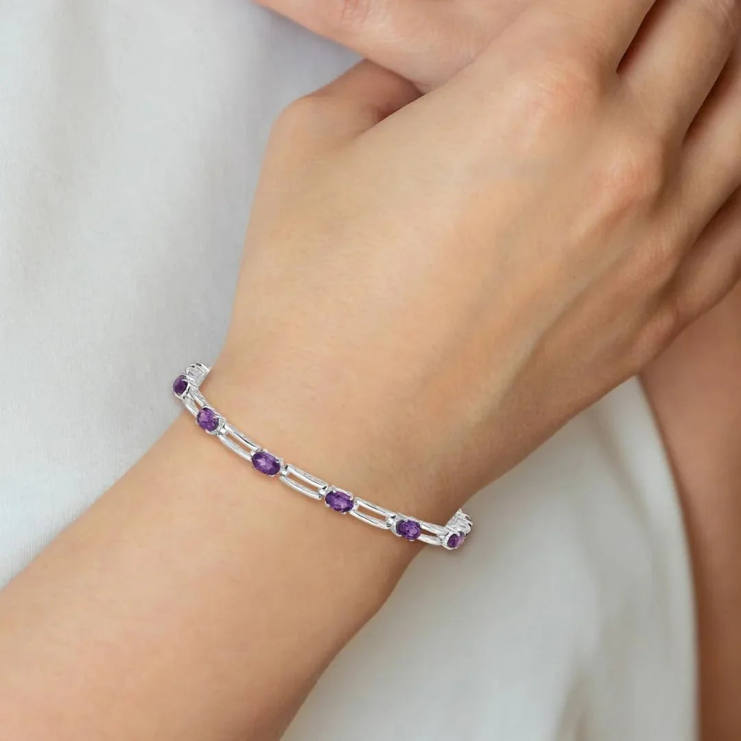 Oval Purple Amethyst Prong Rhodium Plated Sterling Silver Bar Link Bracelet