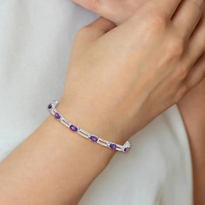 Oval Purple Amethyst Prong Rhodium Plated Sterling Silver Bar Link Bracelet
