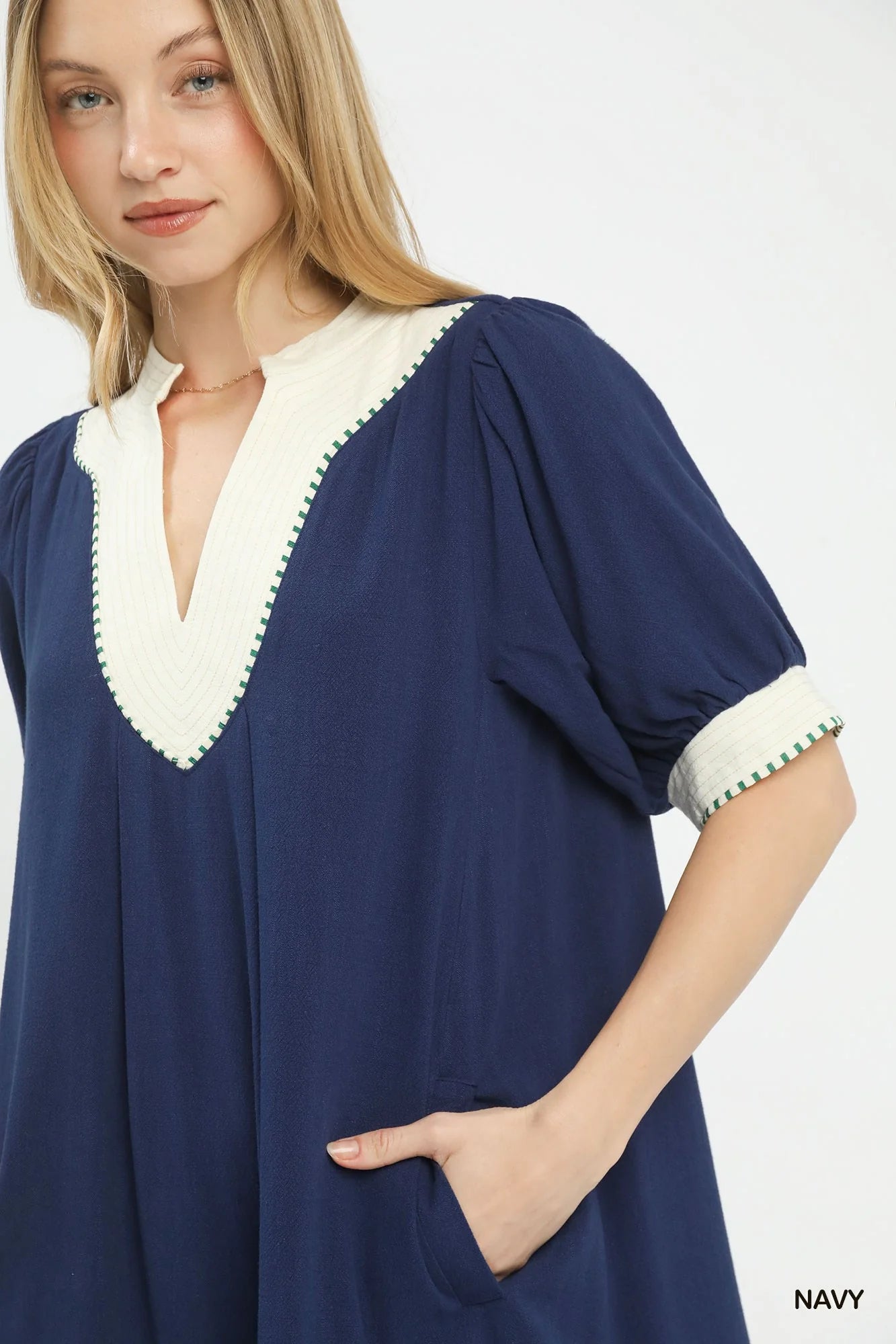 Umgee Linen Contrast Trim Midi Dress in Navy