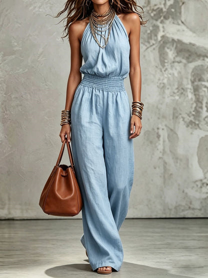 Women's Sleeveless Backless Lace-Up Halter Wide-Leg Jumpsuit