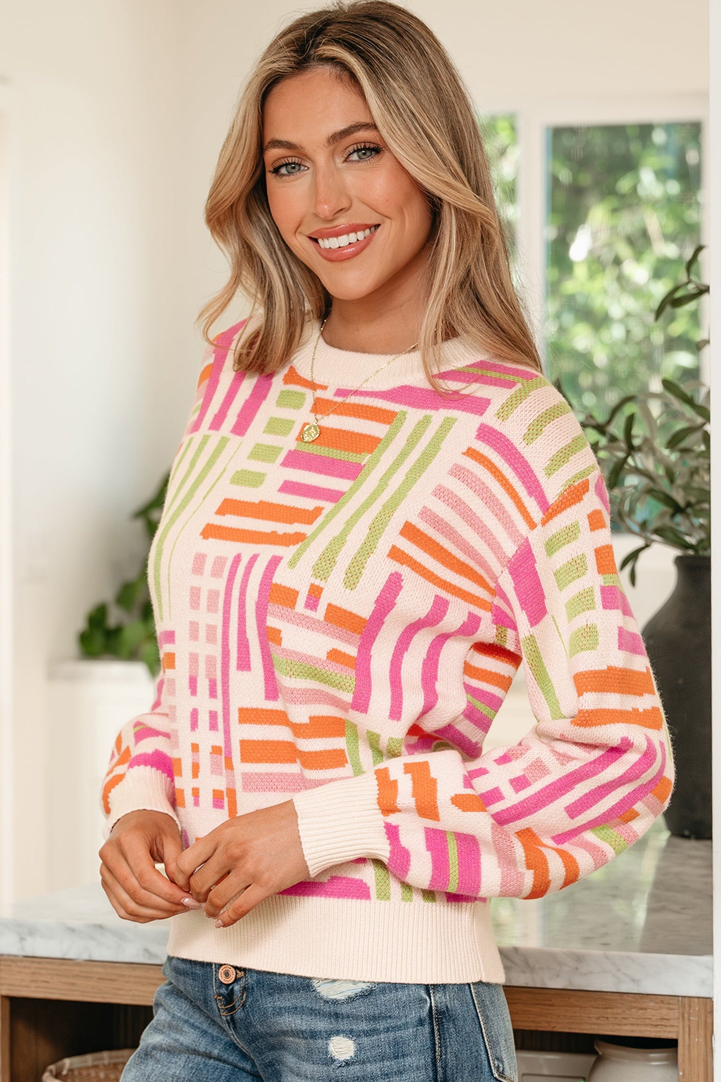 Threaded Pear Tru Pattern Puff Sleeve Sweater