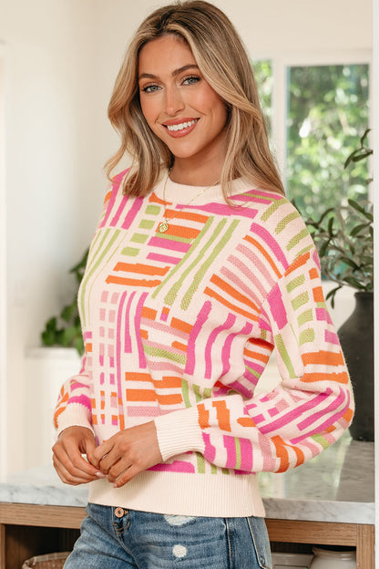 Threaded Pear Tru Pattern Puff Sleeve Sweater