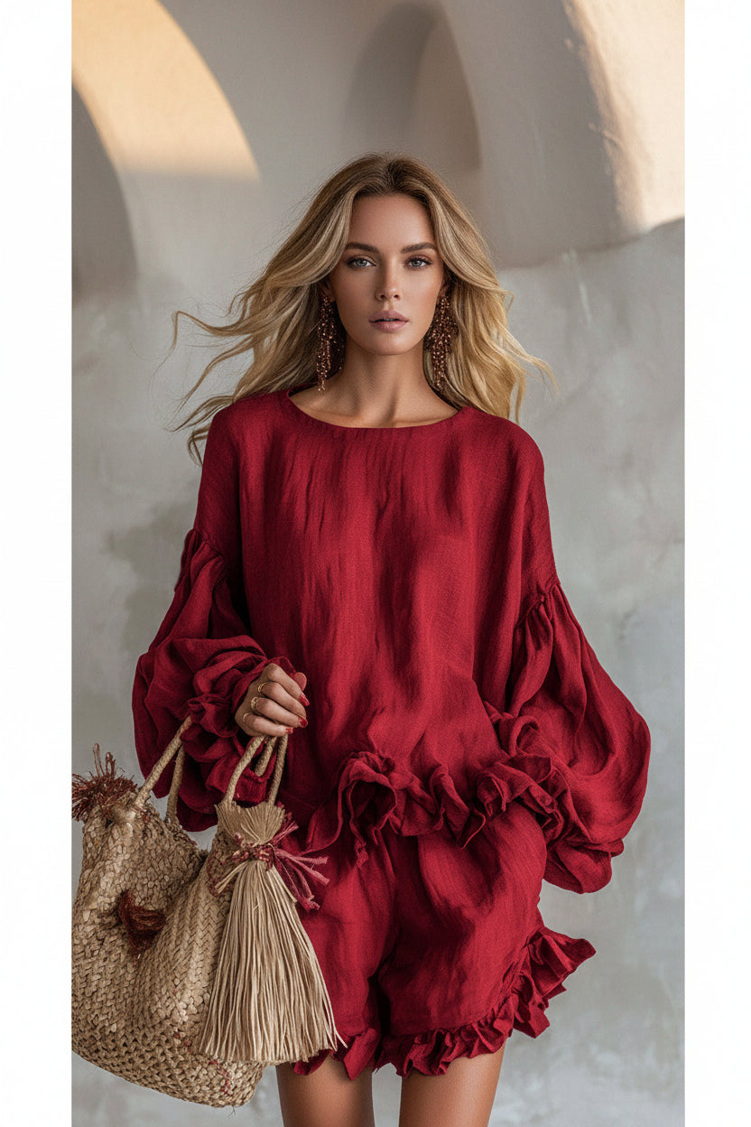 Women's Lantern Sleeve Ruffle Hem Top & Ruffle Shorts Linen-Style Two-Piece Set