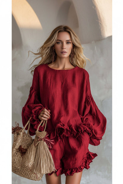 Women's Lantern Sleeve Ruffle Hem Top & Ruffle Shorts Linen-Style Two-Piece Set