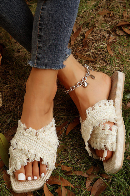 Threaded Pear Vada Tassel Woven Crossed Straps Flat Slippers