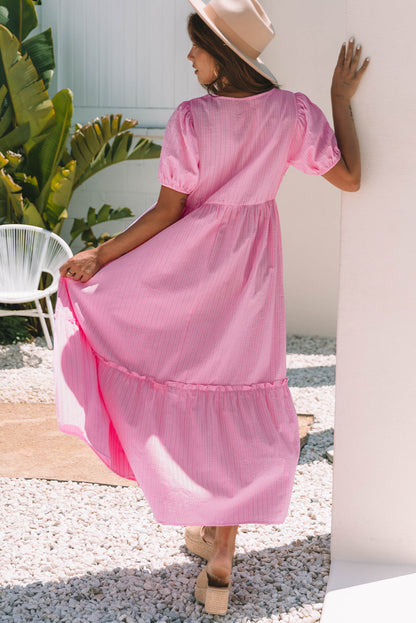 Threaded Pear Ella Stripe V Neck Puff Short Sleeve Maxi Dress