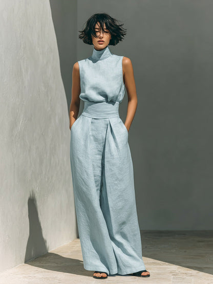 Women's Linen-Blend High-Neck Sleeveless Top & Wide-Leg Pants Set