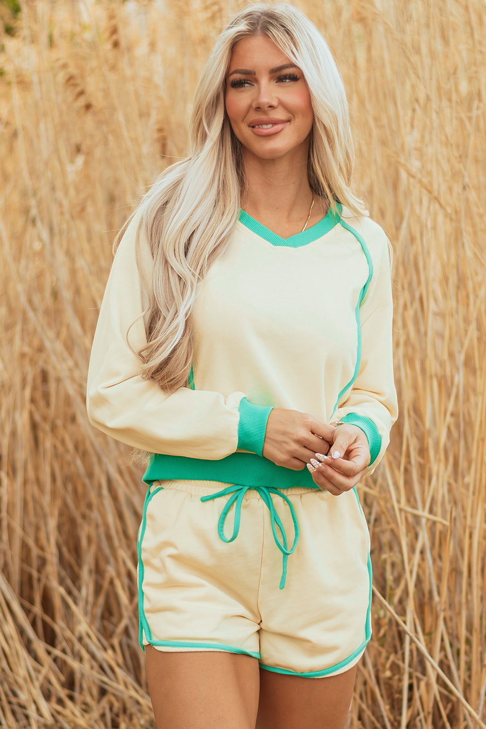 Threaded Pear Wren Long Sleeve Pullover and Drawstring Shorts Outfit