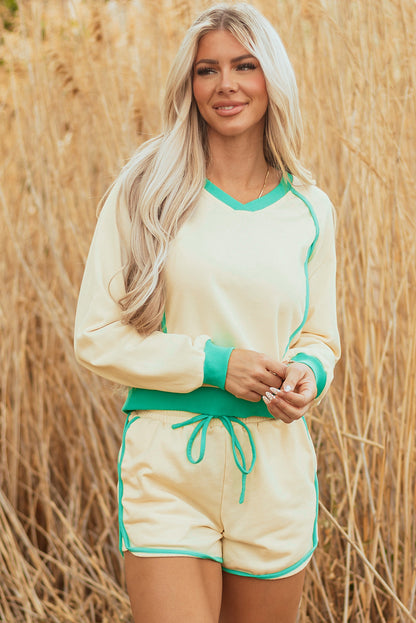 Threaded Pear Wren Long Sleeve Pullover and Drawstring Shorts Outfit