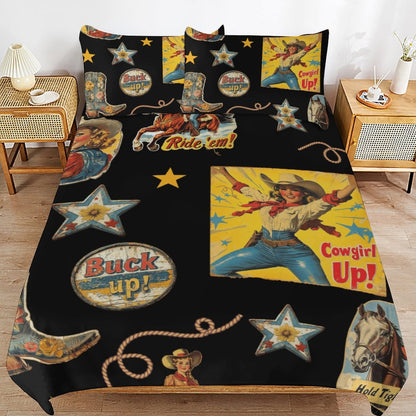 Vintage Cowgirl Collage Design 3-Piece Bedding Set (1 Duvet Cover + 2 Pillow Shams) – 102"×90"