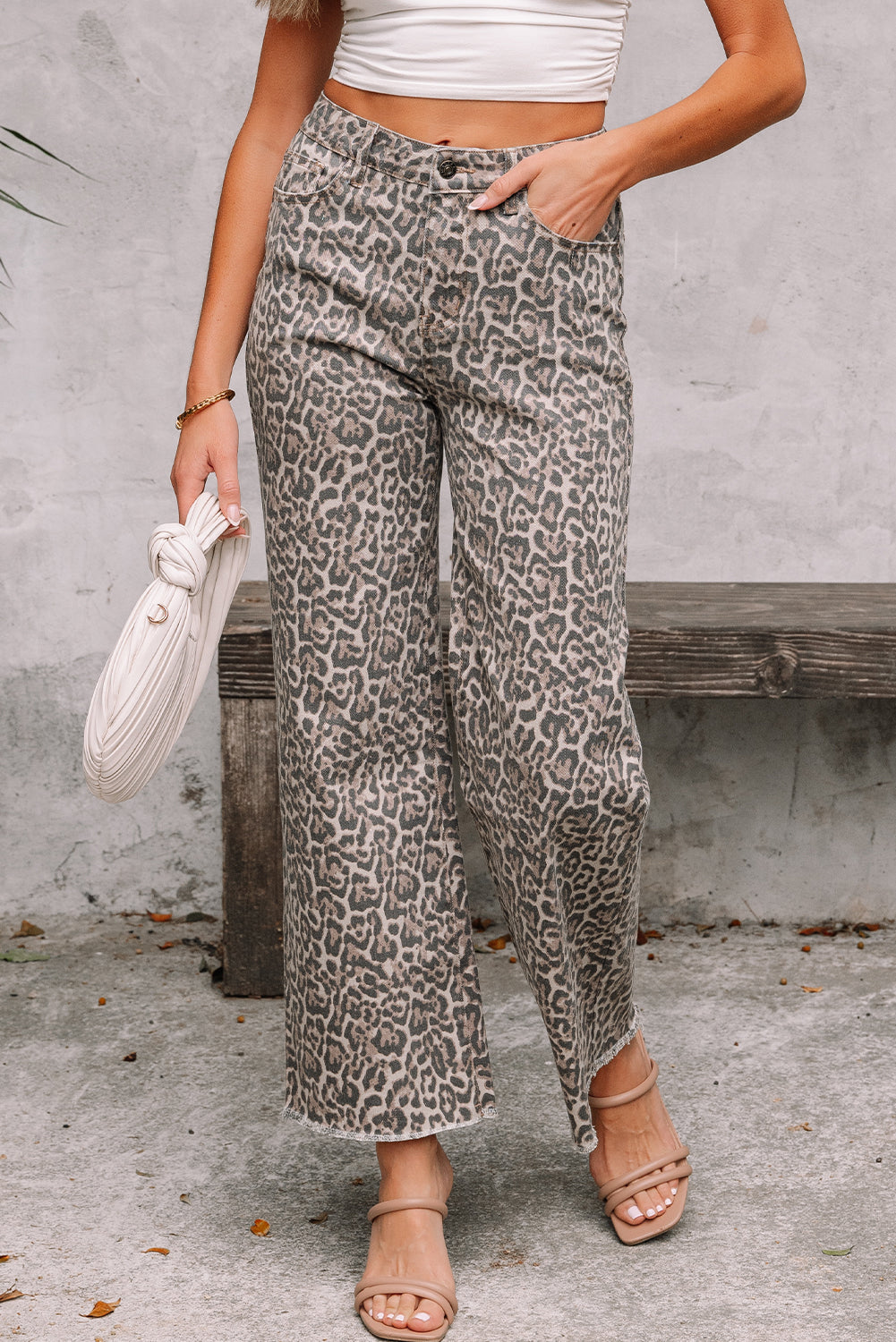 Threaded Pear Brianna Leopard Frayed Edge Wide Leg High Waist Jeans