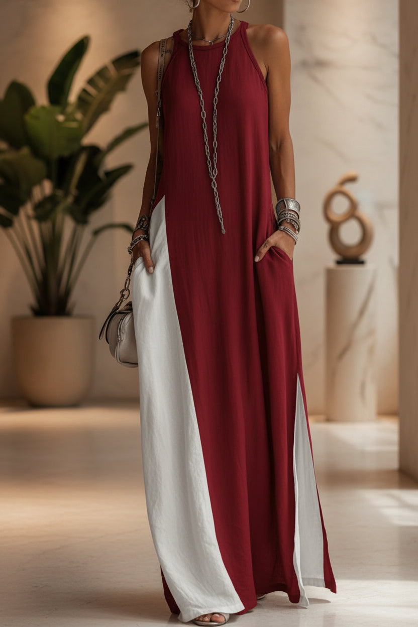 Off-Shoulder Color-Block Flared Maxi Dress with Pockets