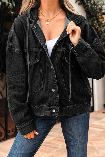 Threaded Pear Sage Pocket Drop Shoulder Hooded Denim Jacket