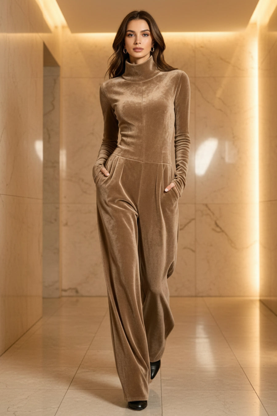 Women's Velvet Mock Turtleneck Chevron-Seam Fitted Bodice Balloon-Leg Jumpsuit