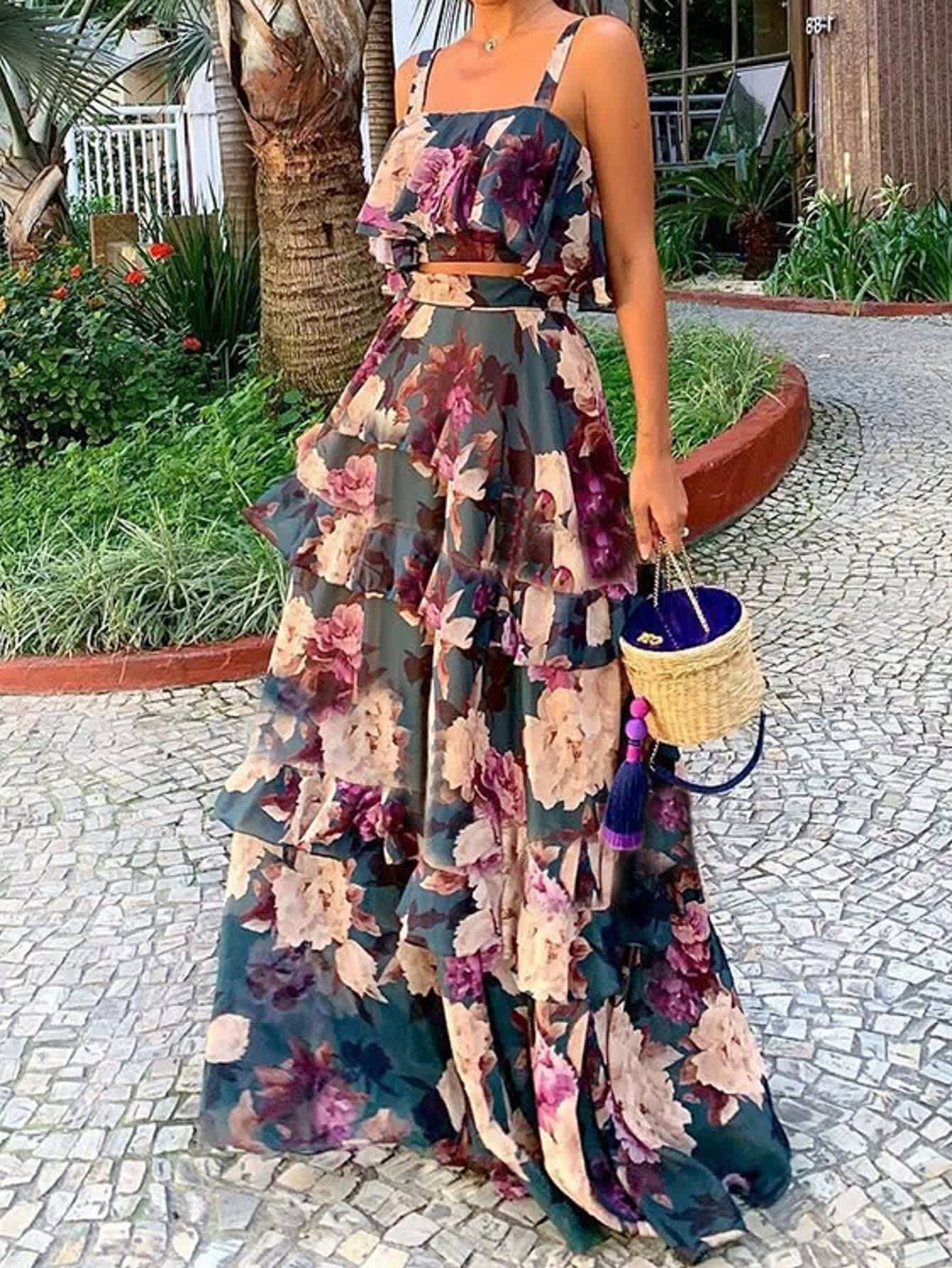 Chic YC Women's Floral Print Two-Piece Maxi Dress Summer Boho Ruffled Crop Top and Tiered Skirt Set Blue / L