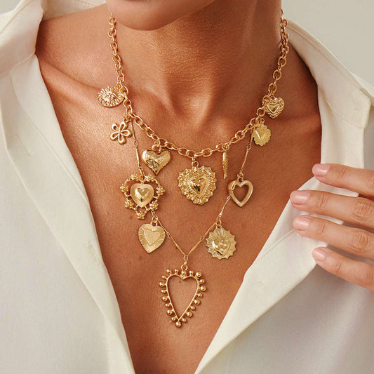 Goldtone Heart Flower Fish Statement Necklace