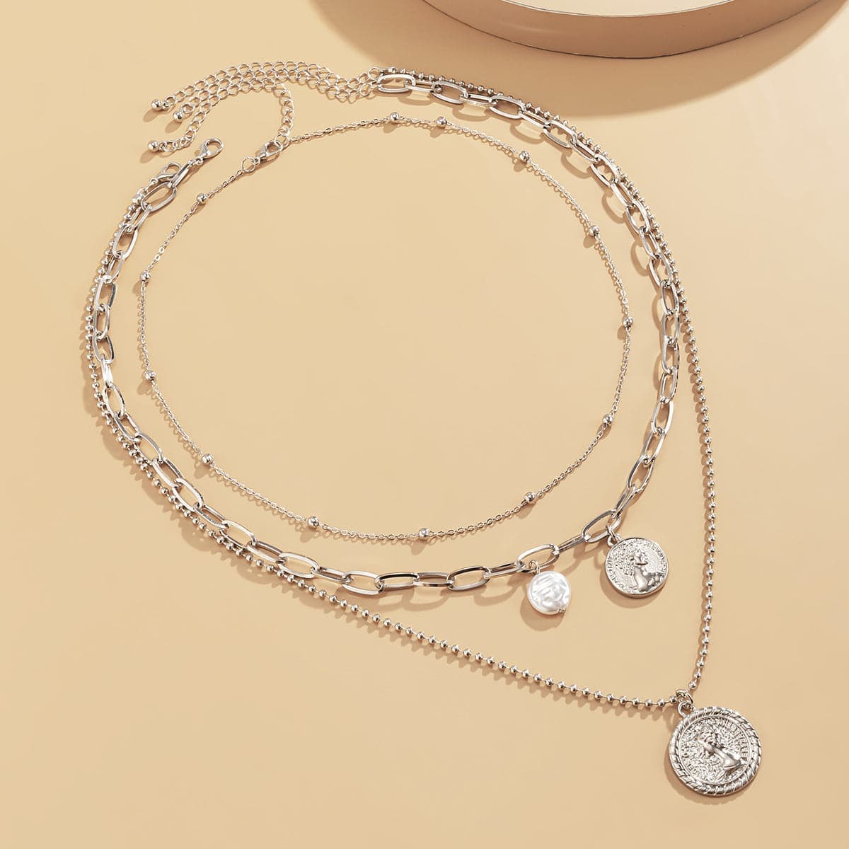 Pearl & Silvertone Coin Cable Chain Necklace Set