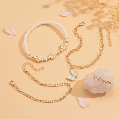 White Enamel & Howlite Goldtone Flower Beads Butterfly Charm Anklet Set
