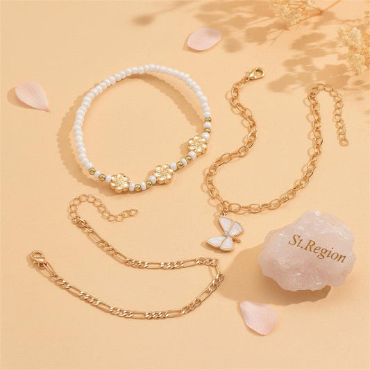 White Enamel & Howlite Goldtone Flower Beads Butterfly Charm Anklet Set