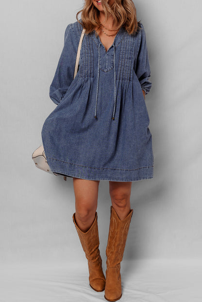 Threaded Pear Autumn Tied Pleated Mini Dress