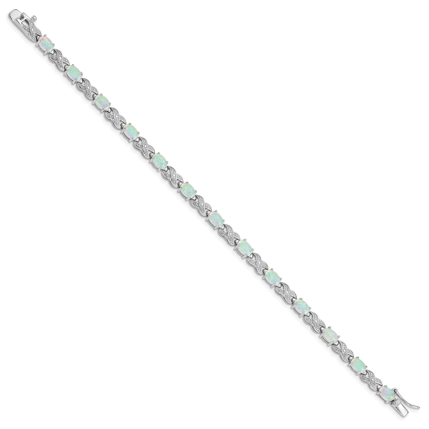 Oval White Genuine Opal & Diamond Prong Sterling Silver Infinity Link Bracelet