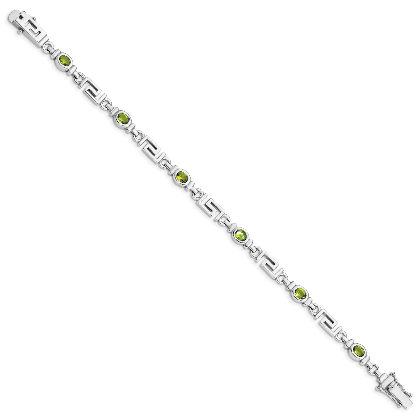 Oval Olive Green Peridot Bezel Sterling Silver Greek Key Link Bracelet
