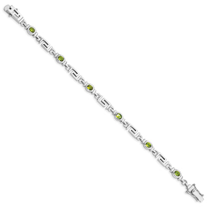 Oval Olive Green Peridot Bezel Sterling Silver Greek Key Link Bracelet