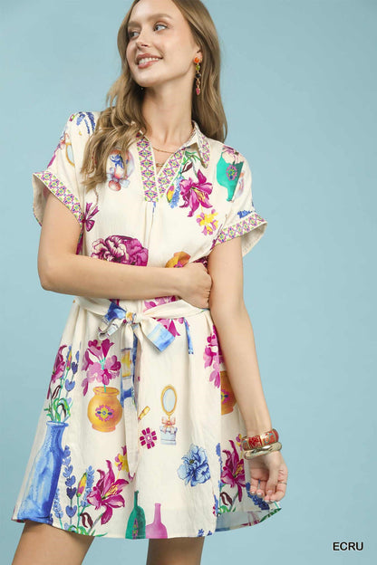 Umgee Floral Print Mini Dress with Belt