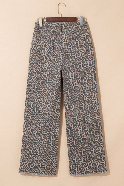 Threaded Pear Brianna Leopard Frayed Edge Wide Leg High Waist Jeans