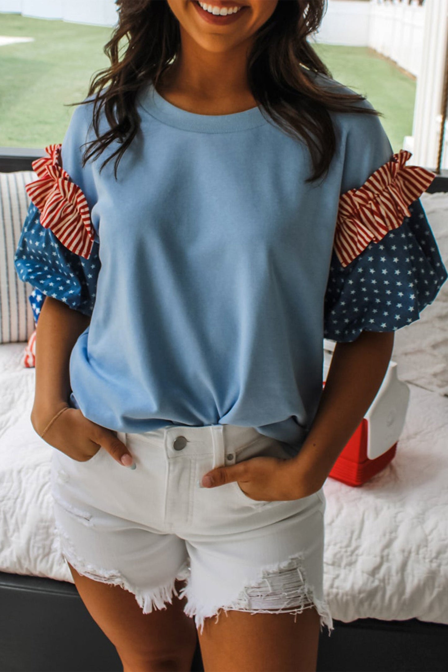 Threaded Pear Henley Short Puff Sleeve Top