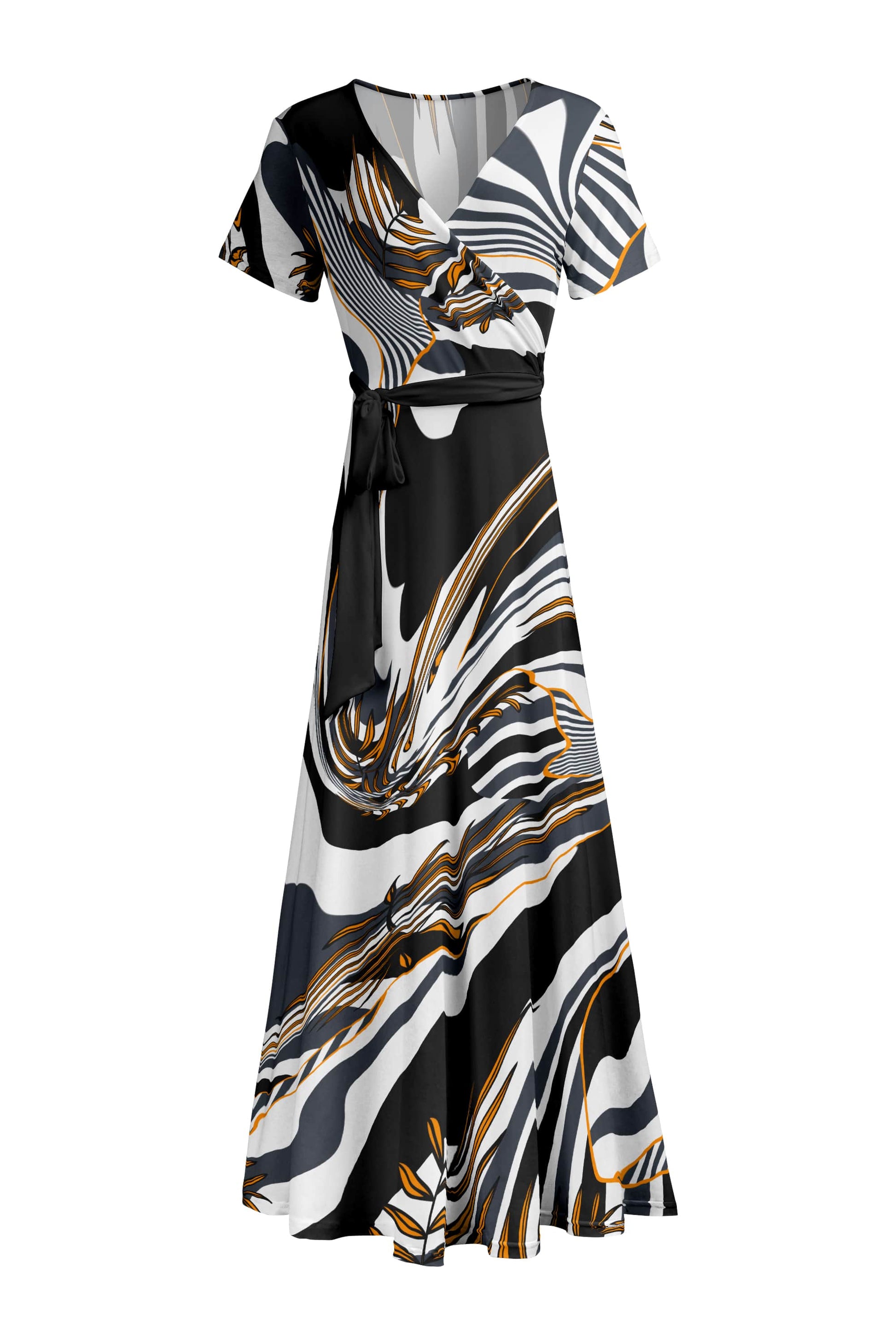maxi short sleeve wrap dress Lily by Firmiana Short Sleeve Wrap Style Maxi Dress with Waist Tie Black Gold / M
