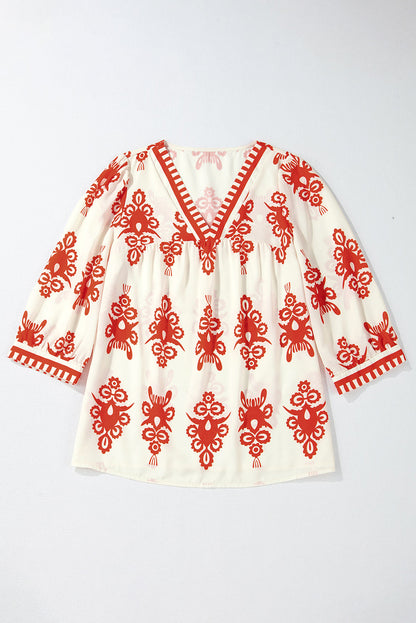 Threaded Pear Vintage Geometric Printed V Neck Blouse