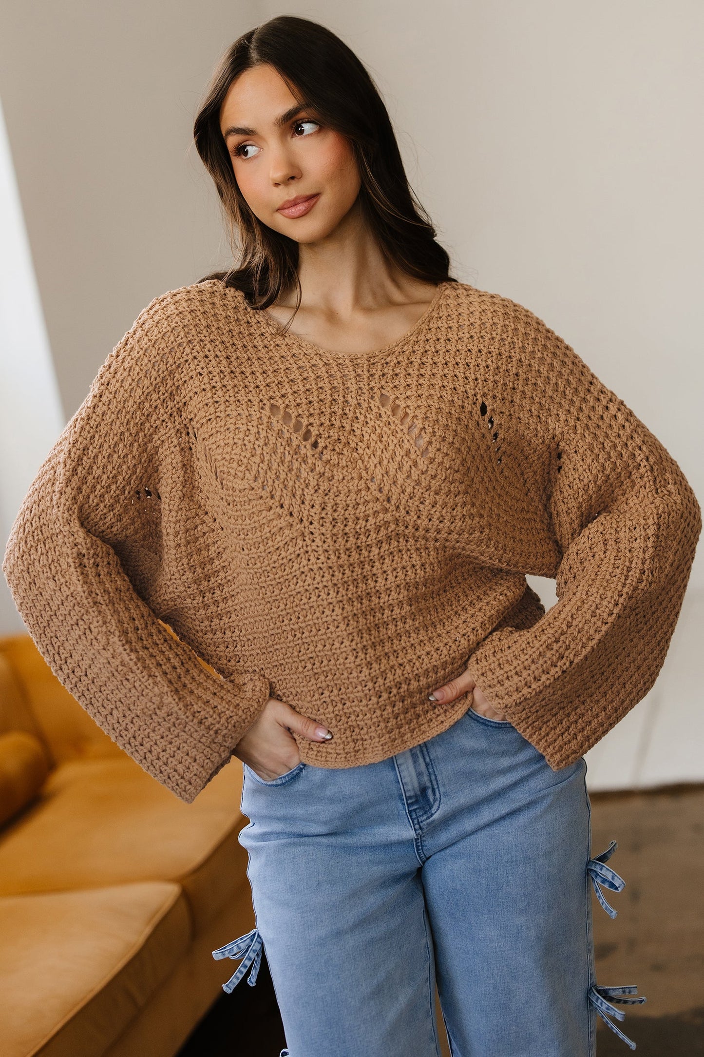Threaded Pear Ivy Sleeve Loose Pullover Sweater