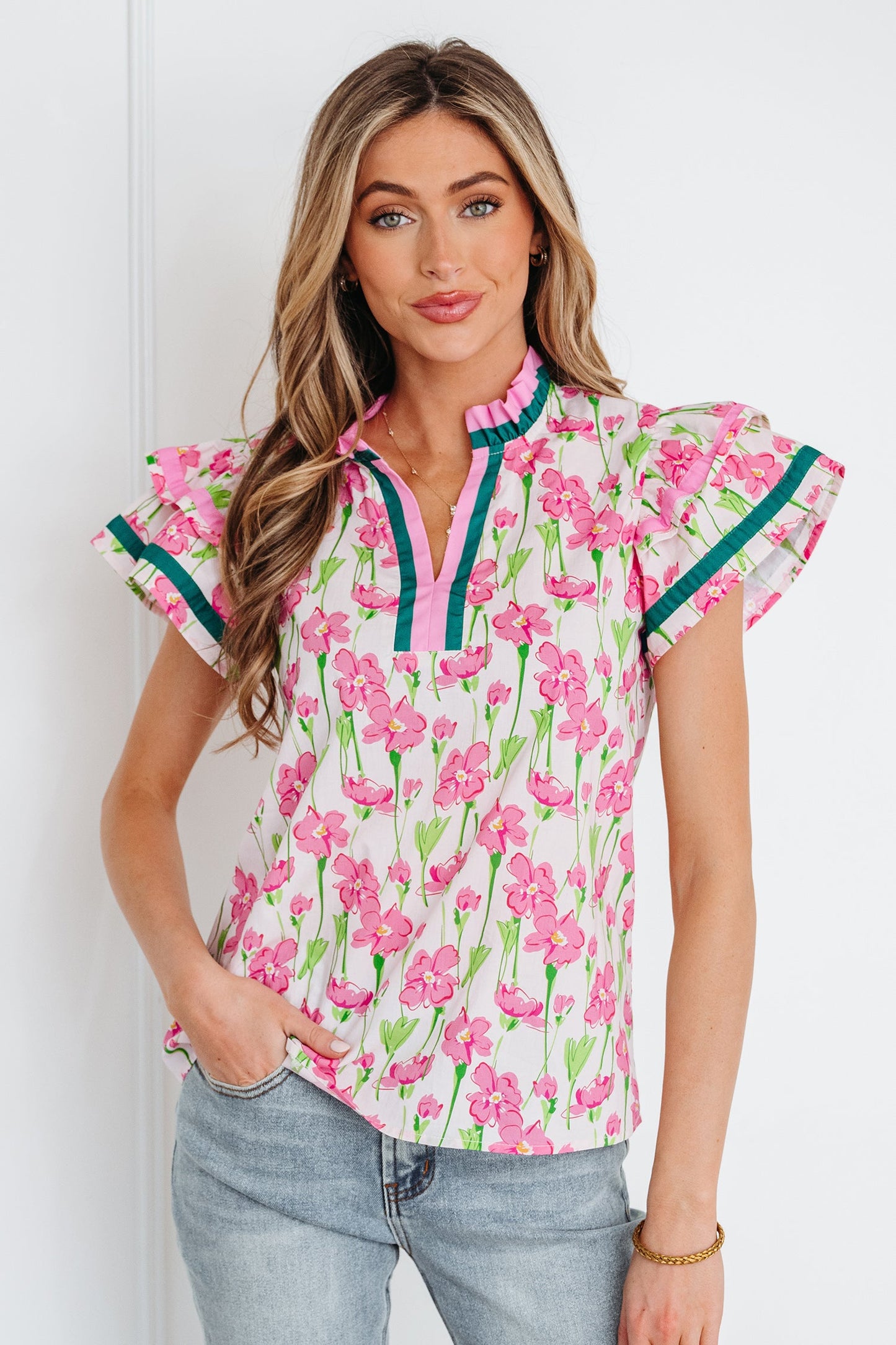 Threaded Pear Elyse Ruffled Short Sleeve Blouse