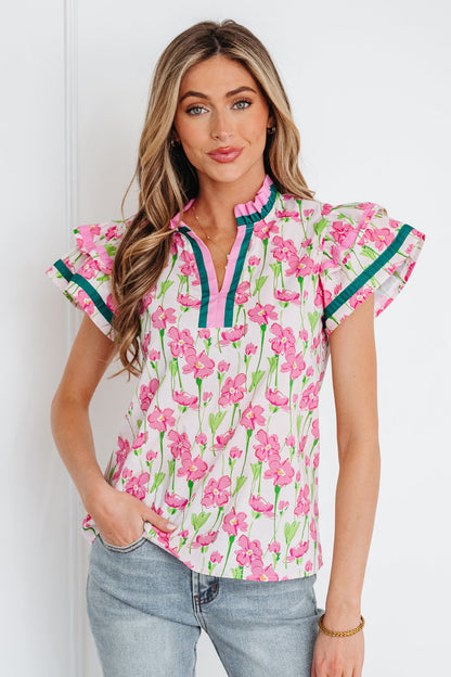 Threaded Pear Elyse Ruffled Short Sleeve Blouse