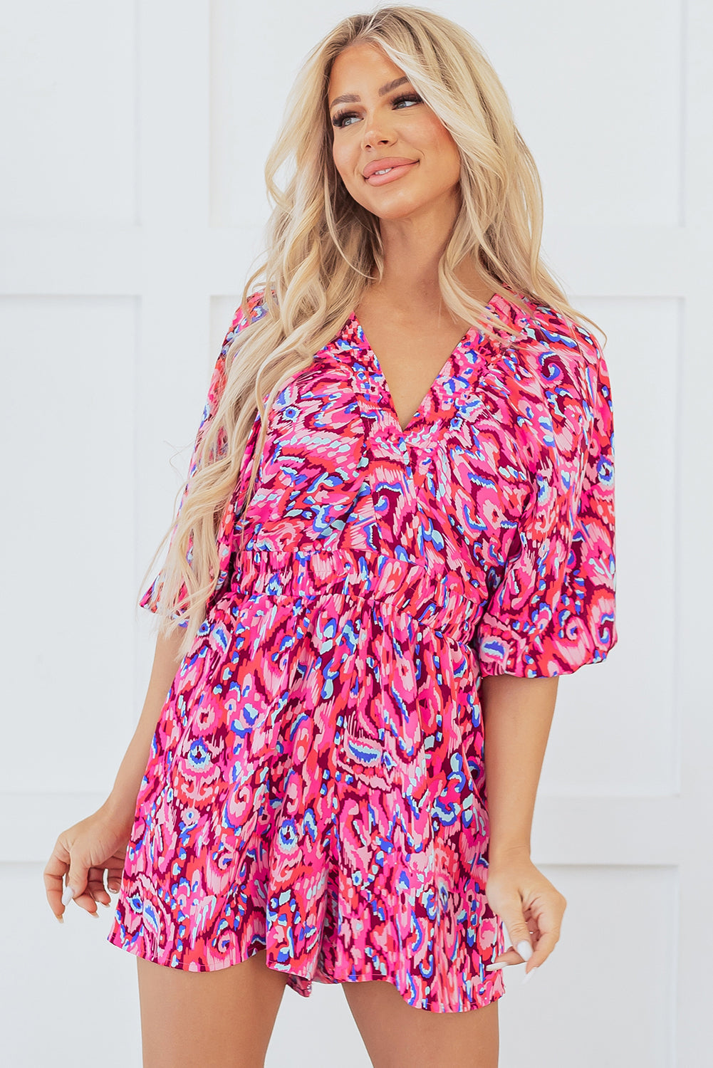 Threaded Pear Sevyn Abstract V Neck High Waist Romper