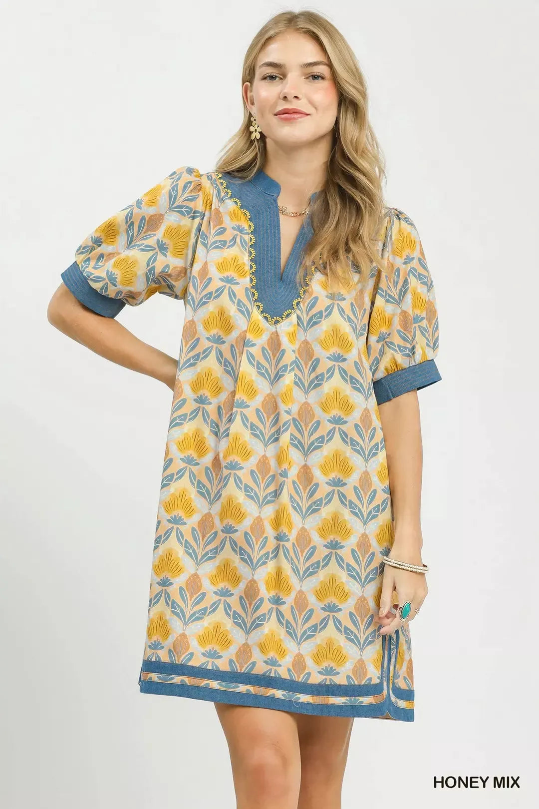 Umgee Mix Tile Print Mini Dress in Honey Mix