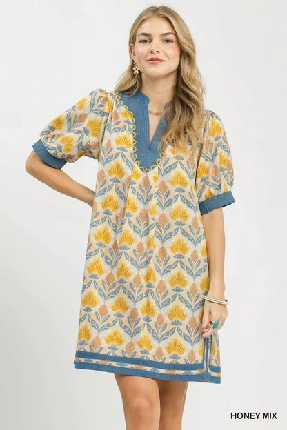 Umgee Mix Tile Print Mini Dress in Honey Mix