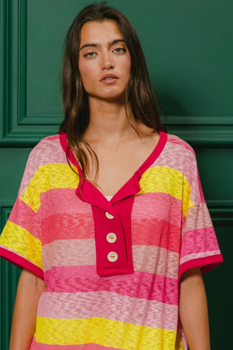 BiBi Multi Color Stripe Hacci Button Detail Ringer Top