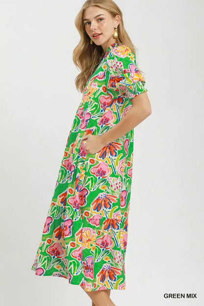 Umgee Floral Print Puff Sleeve Tiered Midi Dress