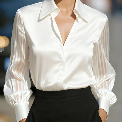 Women’s Satin Lapel Collar Blouse – Sheer Long Sleeve Button-Down Shirt for Office & Spring/Autumn Wear