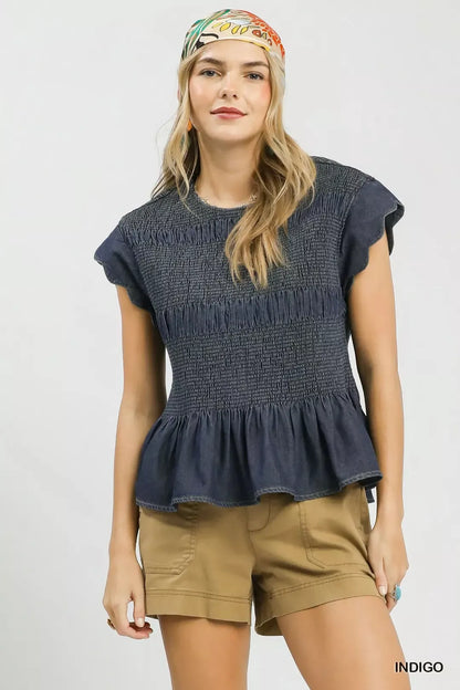 Umgee Smocked Peplum Top with Scalloped Ruffle Cap Sleeves