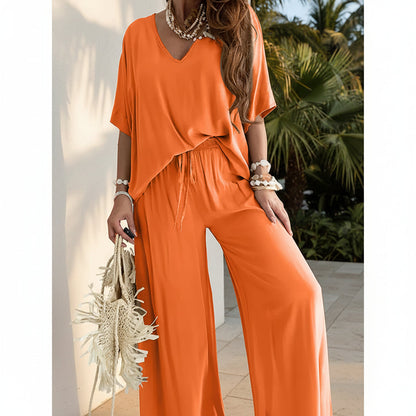 Women's V-Neck Batwing Top & Drawstring Wide-Leg Pants Two-Piece Set